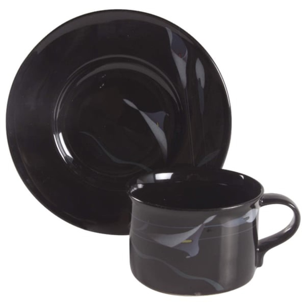 Vtg Mikasa Galleria Opus Black Lily Floral Mug + Saucer - Set of (2)